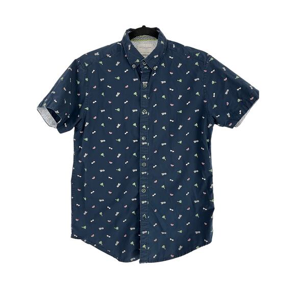 Denim & Flower Ricky Singh Blue Short Sleeve Men Size S Slim Fit Tropical Indie - Picture 1 of 6